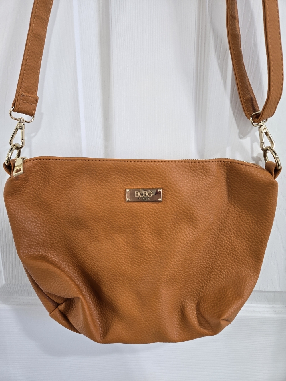 BCBG Cognac Tan Pebbled Crossbody Bag with Gold Hardware